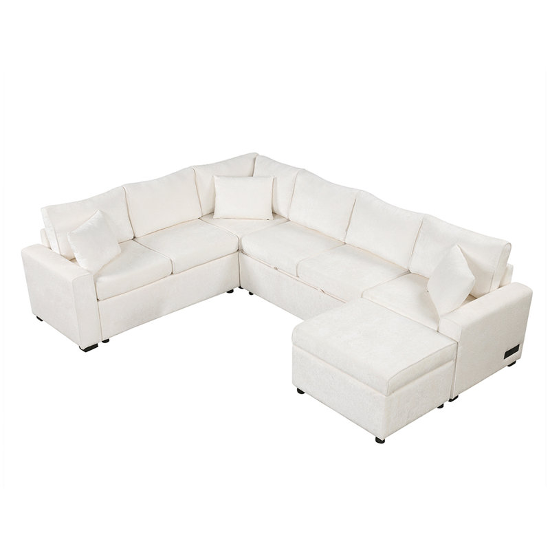 5 - Piece Upholstered Sectional With Storage, Cream Chenille