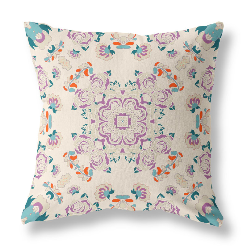 Coussin 20 po x 20 po, Blanc cassé / floral mauve