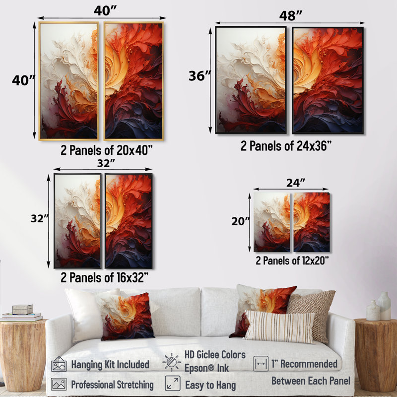 Energetic Spiralscape II - Art mural orange 2 pièces, 36" H x 48" W, Impression encadrée flottante, Noir
