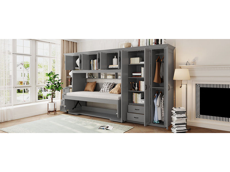 Ensemble de lit escamotable avec bureau et rangement, panneau de fibres à densité moyenne durable et contreplaqué