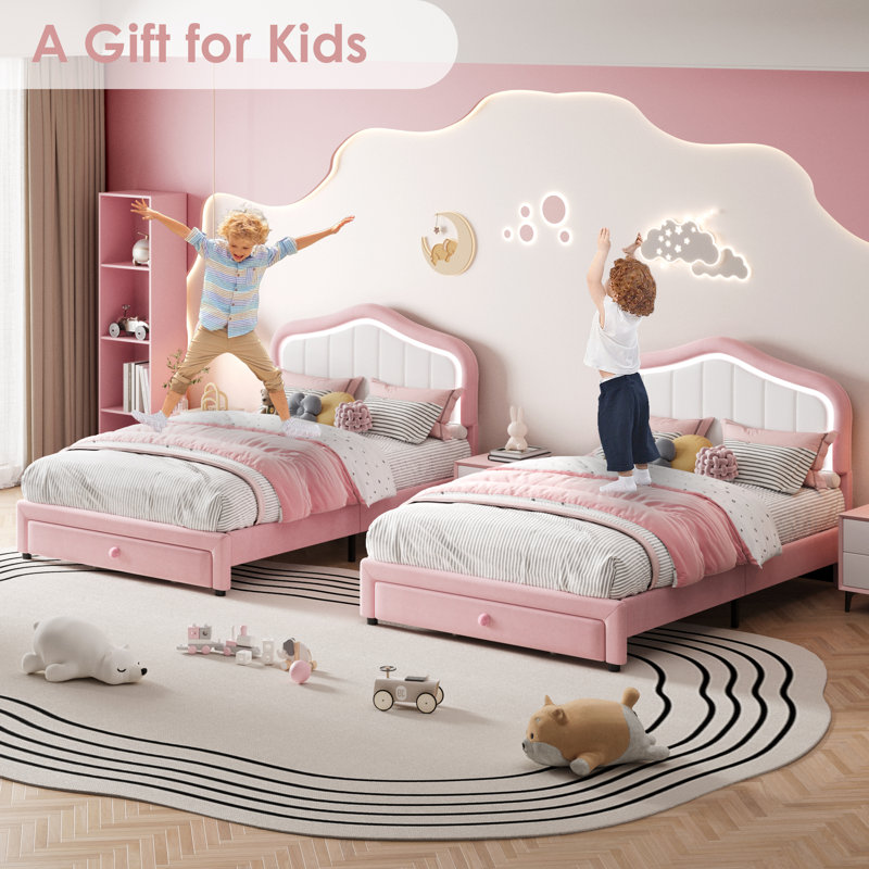ZACOO Upholstered Bed Frame With Storage Drawers, Cute Girls