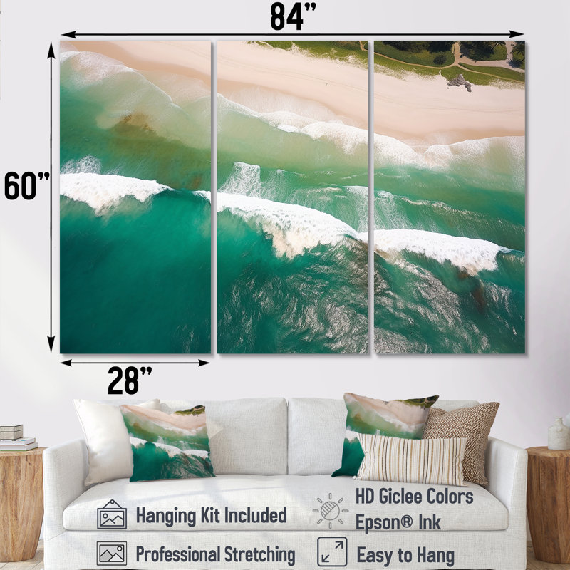 Vagues vertes vue aérienne III - plage, art mural, H 28 po x l 36 po x P 1 po, Toile tendue