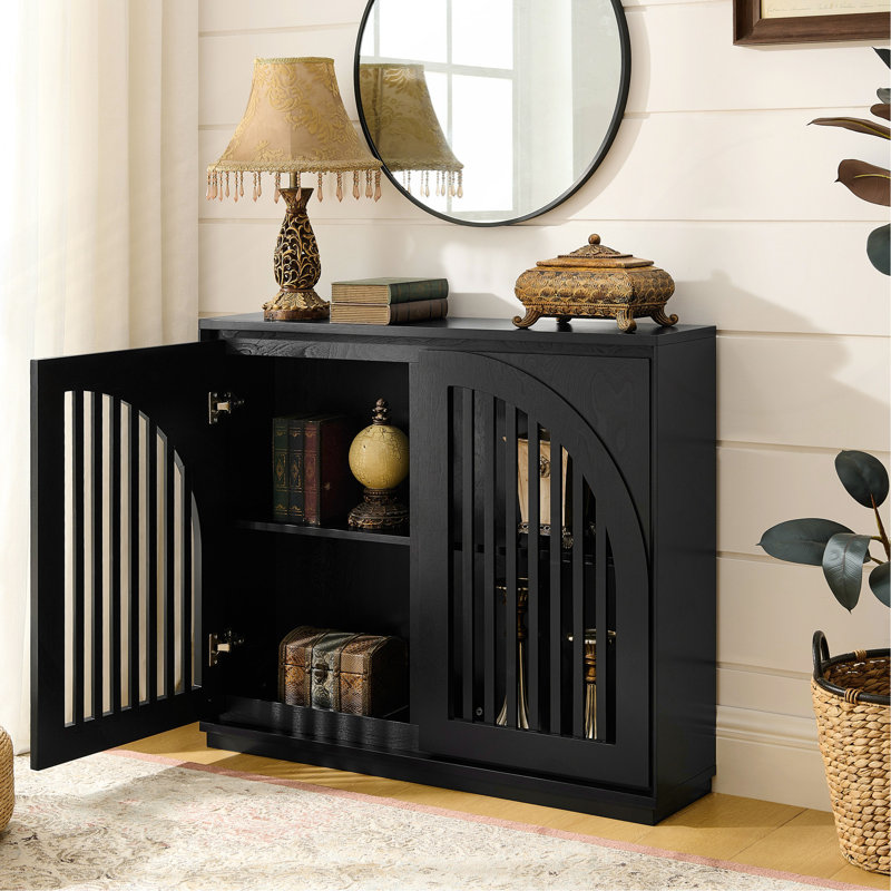 Mid Century Modern Fluted Sideboard Cabinet With 2 Outlet Holes, Buffet Cabinet With Storage, Narrow Side Cabinet For Living Room Entryway Hallway Kitchen Coffee Bar, Black