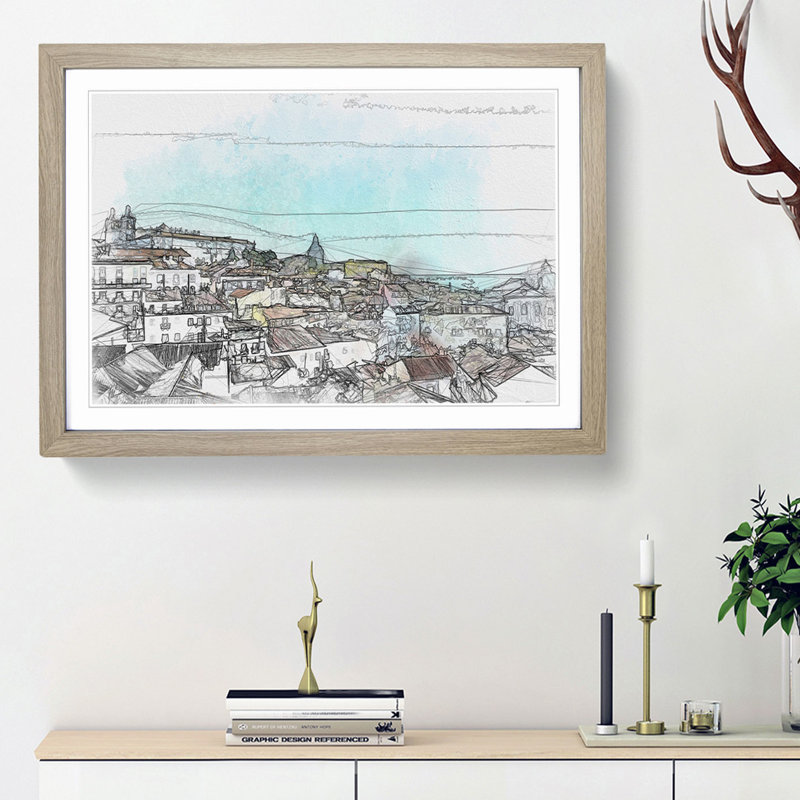 Skyline of Alfalma Lisbon Portugal in Abstract - Picture Frame Graphic Art Print, 48cm H x 65cm W x 2cm D, Oak Framed