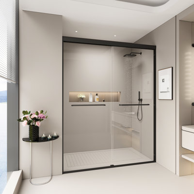 72 po Porte de douche coulissante haute double, 56 - 60 W, verre trempé de 1/4 po 6 mm, noir mat, conception réglable, porte large 5660 avec semi-claquement, ajustement précis