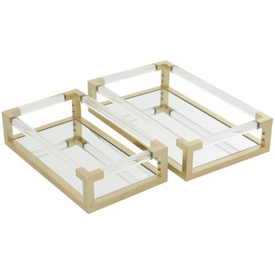 Metal Mirrored Decor Gold Tray with Acrylic Handles Set