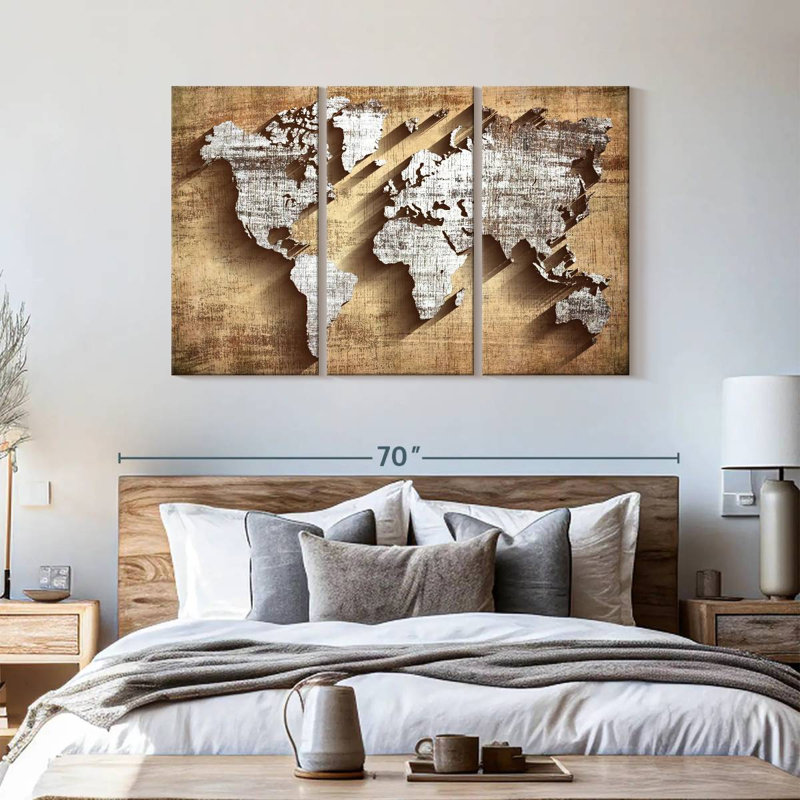 Carte du monde en bois sculpté, carte du monde sur toile, ensemble de 3 pièces, H 36 po x l 57 po x P 1,25 po