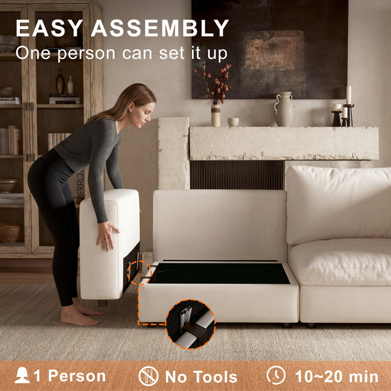 4 Piece 110.5" Upholstered Modular Sectional Sofa with Storage, White, 3Seaters-L