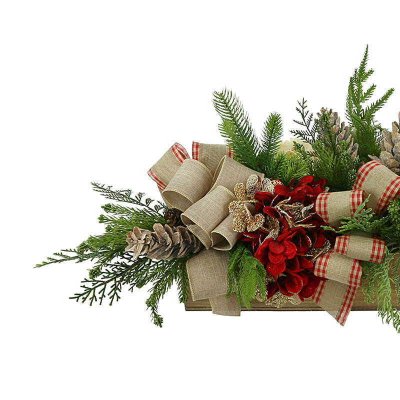 Hydrangea Holiday Arrangement With Evergreen And Bows In A Wood Planter