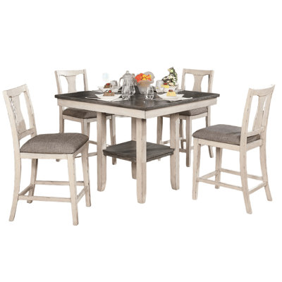 Table à manger à hauteur de comptoir à 4 pieds avec chaises à dossier en bois massif blanc antique gris