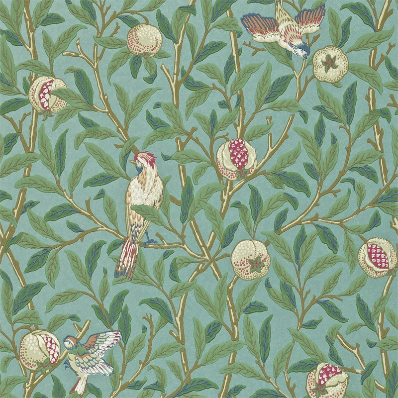Bird & Pomegranate Wallpaper, Turquiose/Coral