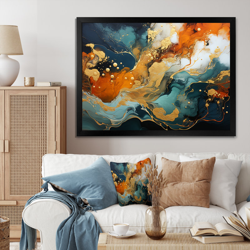 Tempête de marbre bleu et doré V - art mural abstrait, Cadre d'angle fermé noir, H 30 po x l 40 po x P 1,5 po