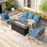Vintage Wicker Outdoor Patio Furniture Set with Blue Cushions & Fire Pit Table