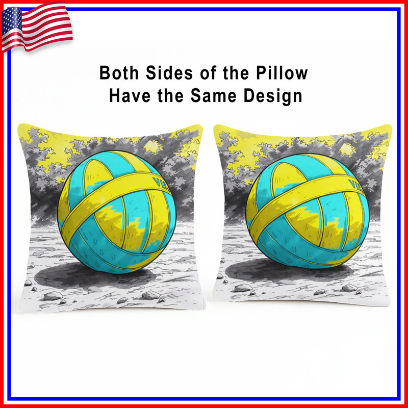 Coussins Volleyball On Beach, 14 X 14 pouces, Jaune vif et bleu ciel