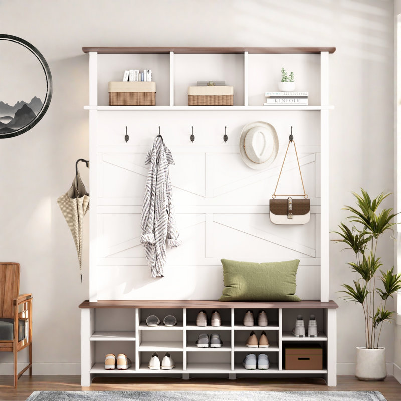 Farmhouse 4-in-1 Hall Tree With 6 Hooks, Entryway Bench With Adjustable Shelves, 16 Open Compartments And A Side Umbrella Rack