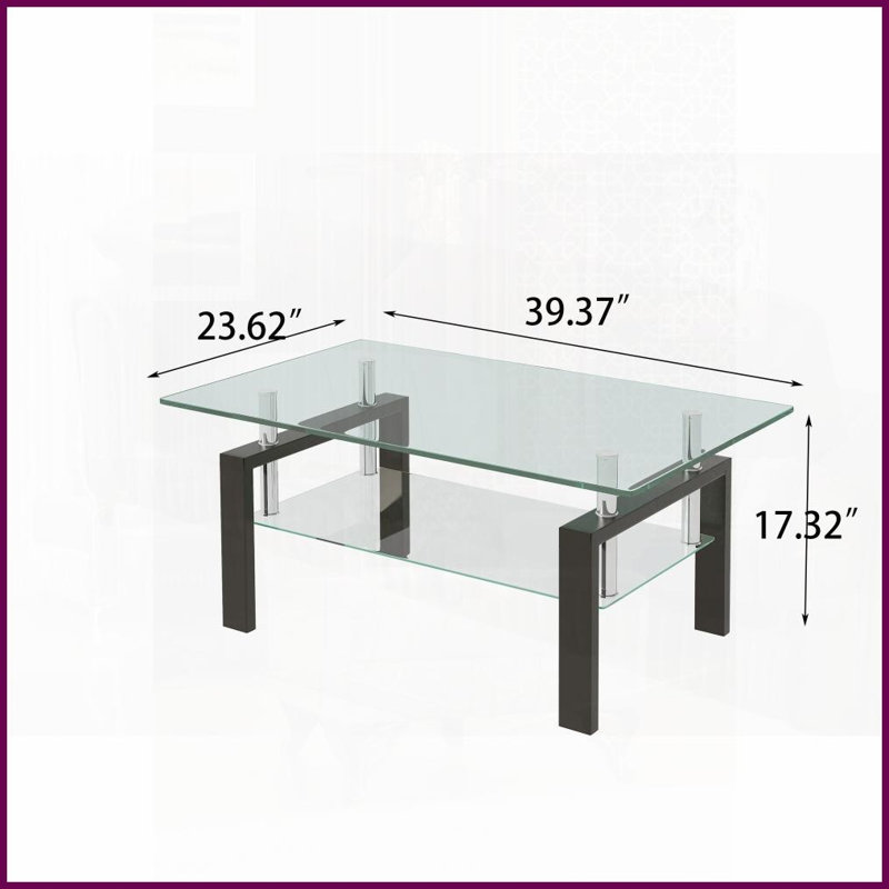 Table basse en verre trempé transparent à 2 couches pour le salon, facile à nettoyer et amp; Peu encombrant, Clair, Noir
