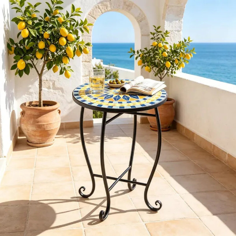 Table de bout en mosaïque florale jaune et noire, table basse d'appoint d'extérieur en métal à base en X, support à plante décoratif avec pieds anti-rayures pour la décoration intérieure de la cour
