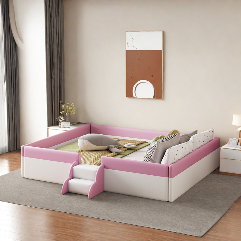Floor Upholstered Kids Bed With Stairs, Full, Pink/White