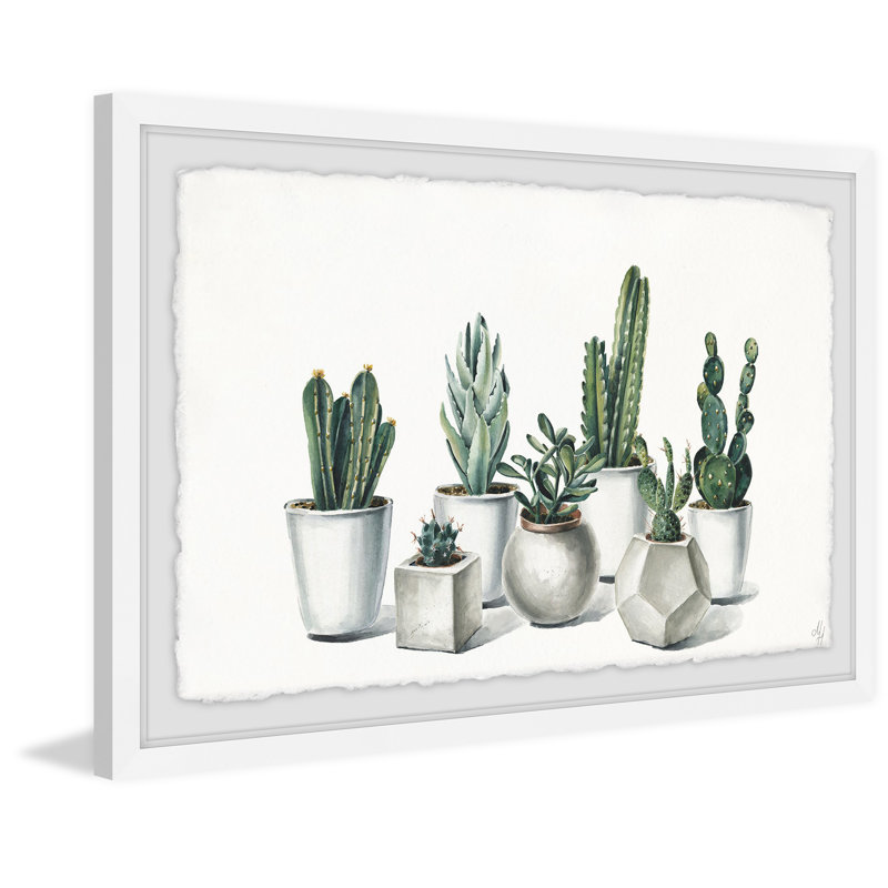 «Brodsky» White Pots Cacti », reproduction de peinture à l'aquarelle encadrée, H 12 po x l 18 po x P 1,5 po
