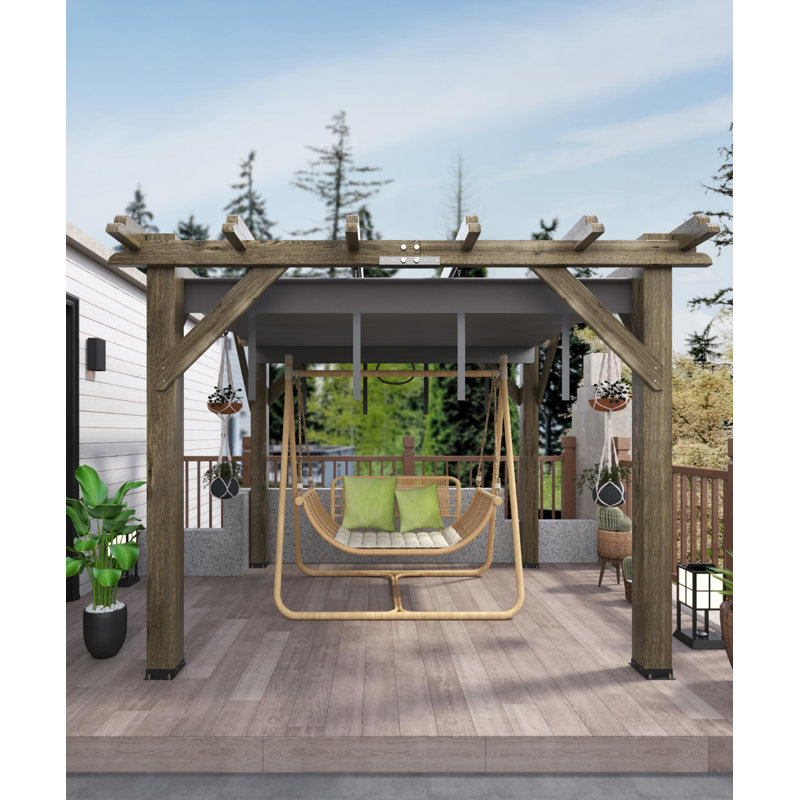 Gray Cedar Wood Pergola with Retractable Shade Canopy