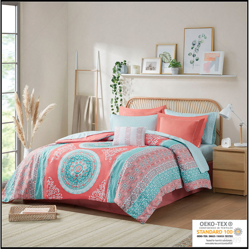 Ensemble d'édredon simple TG avec draps, Édredon pour lit simple TG + 6 pièces supplémen, Corail / motif abstrait