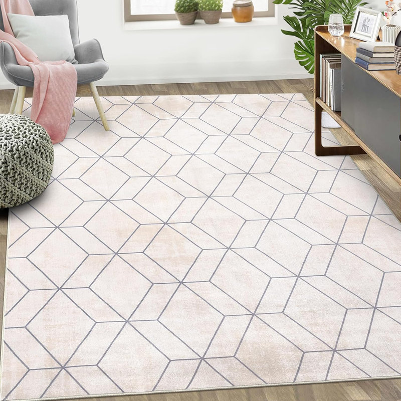 2x6 Washable Modern Runner Rug, Non-Slip, Low Pile, Geometric Pattern for Kitchen, Hallway, Bedroom, Laundry Room, Beige