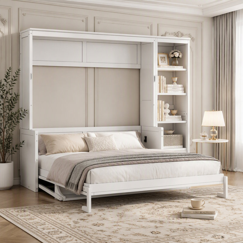 Grand lit escamotable avec bureau et bibliothèque, Grand lit, Blanc