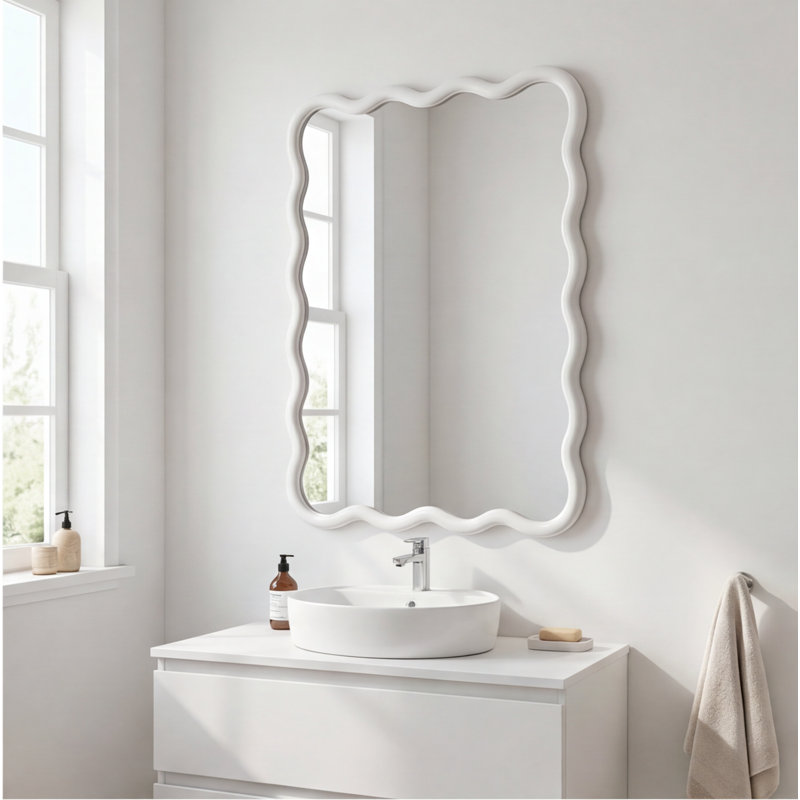 Miroir mural blanc rectangulaire en bois massif ondulé 20 po x 30 po - Décoration pour chambre à coucher, salle de bain, salon, entrée