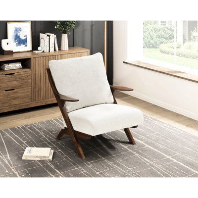 Fauteuil d'appoint Mid-Century tapissier beige en chenille beige, structure en bois massif, siège enveloppé, dossier réversible, limite de 300 lb pour le salon principal, coussin de siège brun en mousse de style moderne,