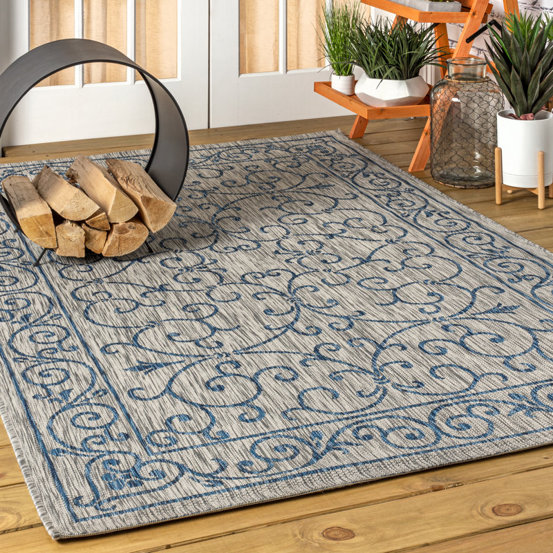 Hagerman Vintage Filigree Textured Weave Gray/Navy Indoor/Outdoor Rug, Rectangle 7'9" x 10'