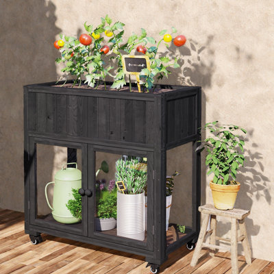 Patio 35,4 po x 17,7 po x 37,4 po, cadre froid en bois, serre compacte à 2 portes avec roues, lit surélevé avec doublure pour l'intérieur et l'extérieur