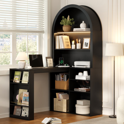 Bureau moderne avec tablette cintrée et éclairage intégré, bureau d'ordinateur pour bureau à domicile avec étagères de rangement ouvertes et station de recharge