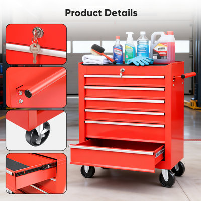 6-Drawer Heavy-Duty Rolling Tool Cabinet Lock System 660 Lb Capacity Industrial Cart 4 Swivel Casters​