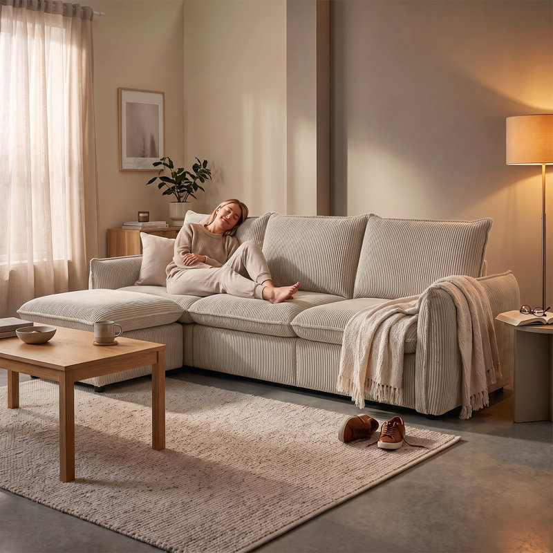 Canapé modulaire en L avec repose-pieds Boucle, White Corduroy