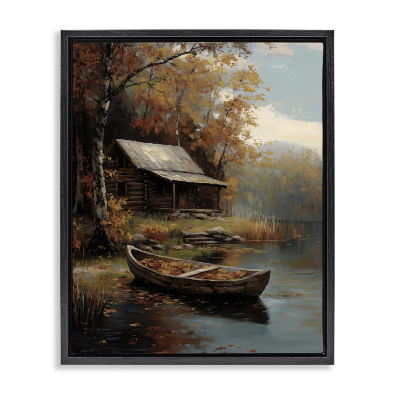 Canot d'automne avec cadre flottant à feuilles, conception par Arlington Prints, Cadre flottant noir de jais