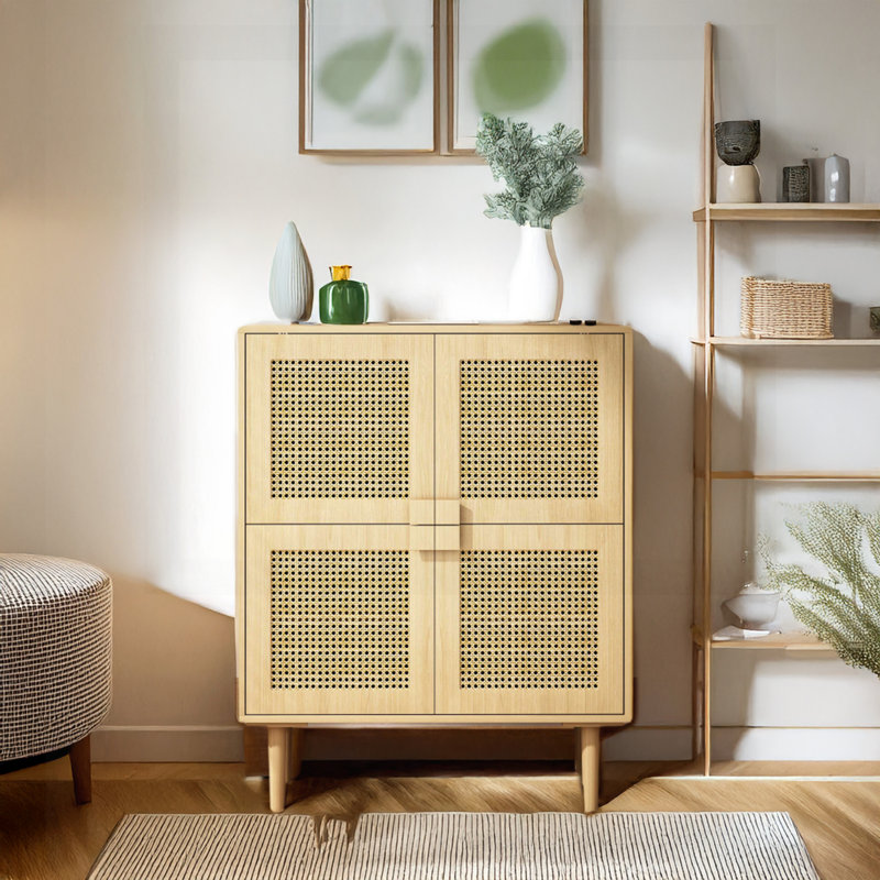 Armoire de rangement 4 portes en maille de rotin, Naturel