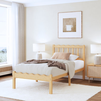 Solid Wood Bed Frame with Wavy Headboard, No Box Spring Needed, Bamboo&Metal
