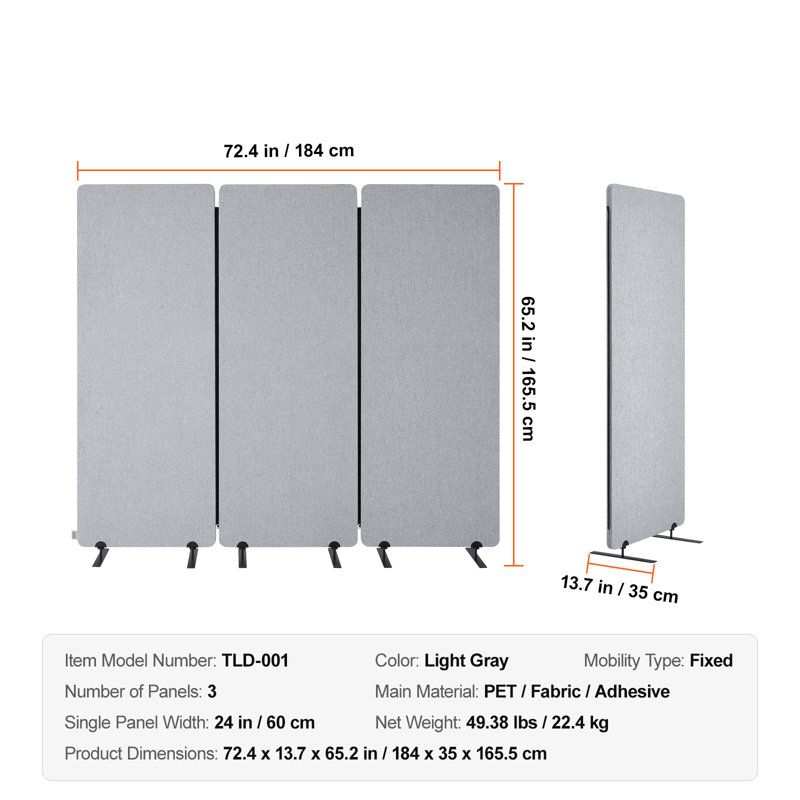 Paravent de 60 cm, 3 panneaux en polyester PET insonorisant, cloison pliable et portable pour séparer les pièces, idéal pour les bureaux et les espaces de travail, gris.