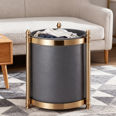 Panier à linge industriel rétro avec structure en cuir et structure en acier inoxydable bronze pour la chambre à coucher, le rangement de placard et la salle d'étude