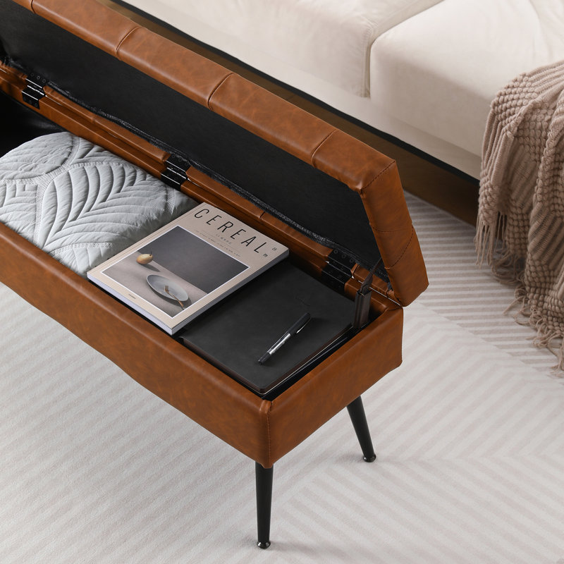 Banc de rangement en similicuir Honoka, Brun cognac, 17" H x 43.5" W x 13.8" D