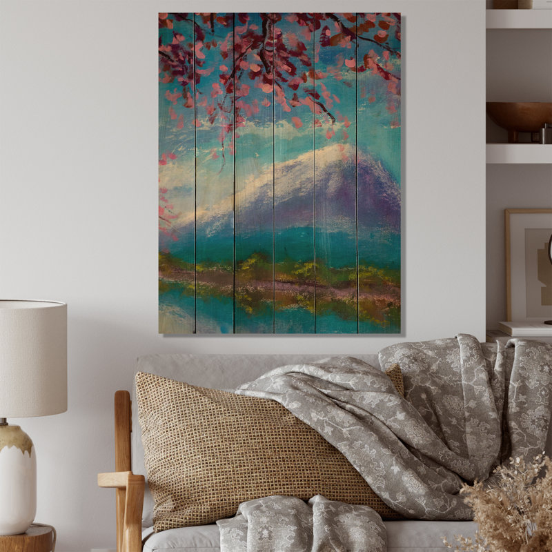 Fleurs de sakura rose sur un lac de montagne Fleurs de sakura rose sur un lac de montagne - Peinture sur