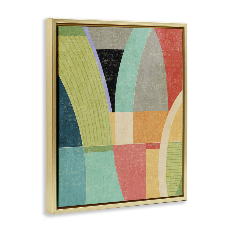 Cadre flottant rétro avec arches géométriques, design par Suzanne Nicoll, H 21 po x l 17 po, Cadre flottant métallique doré