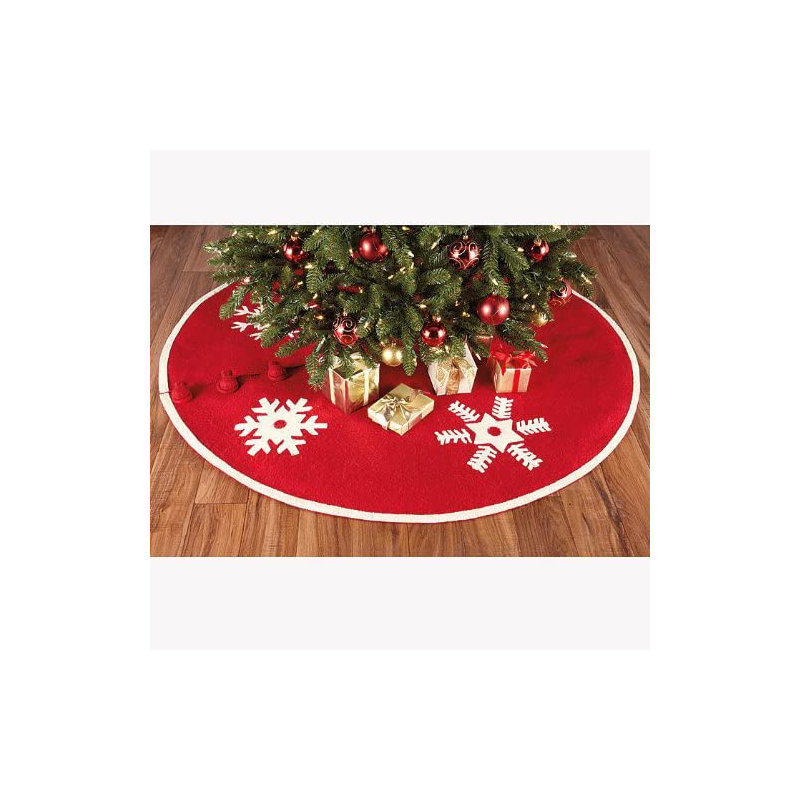 Handmade Christmas Tree Skirt in Felt - Snowflakes - 60", Red/White