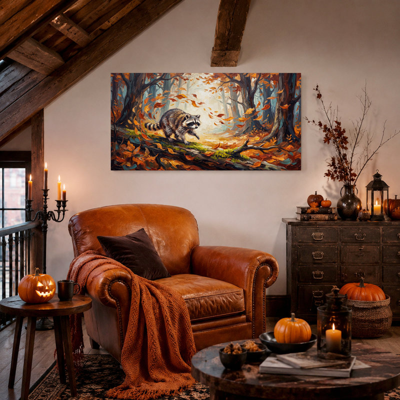 «Raccoon Walking on Log in Autumn Forest», art mural sur toile, L 32 po x H 16 po