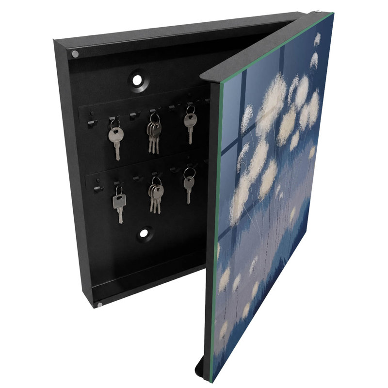 Key box for wall, Opens to the left, 30x30x5, White, Ethereal flowers in a blue setting, 