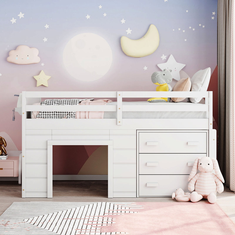 Lit mezzanine simple avec armoire et tablette - blanc, White