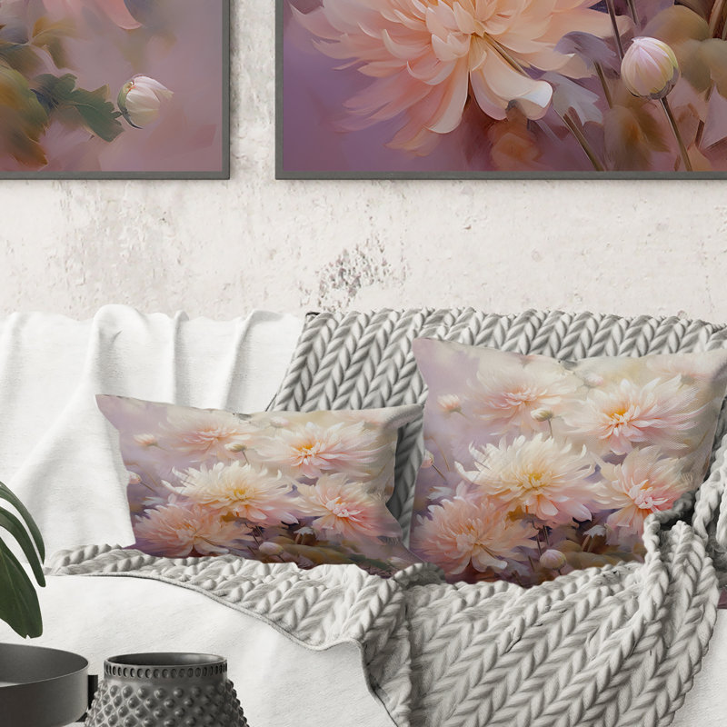 Coussin décoratif rose à imprimé romantique Chrysanthemums II