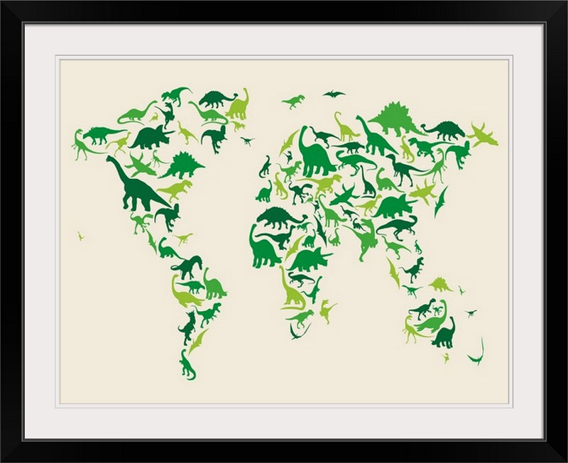 Francy «World Map Dinosaurs» par Abarca, impression, H 35 po x l 44 po x P 1 po, Cadre noir