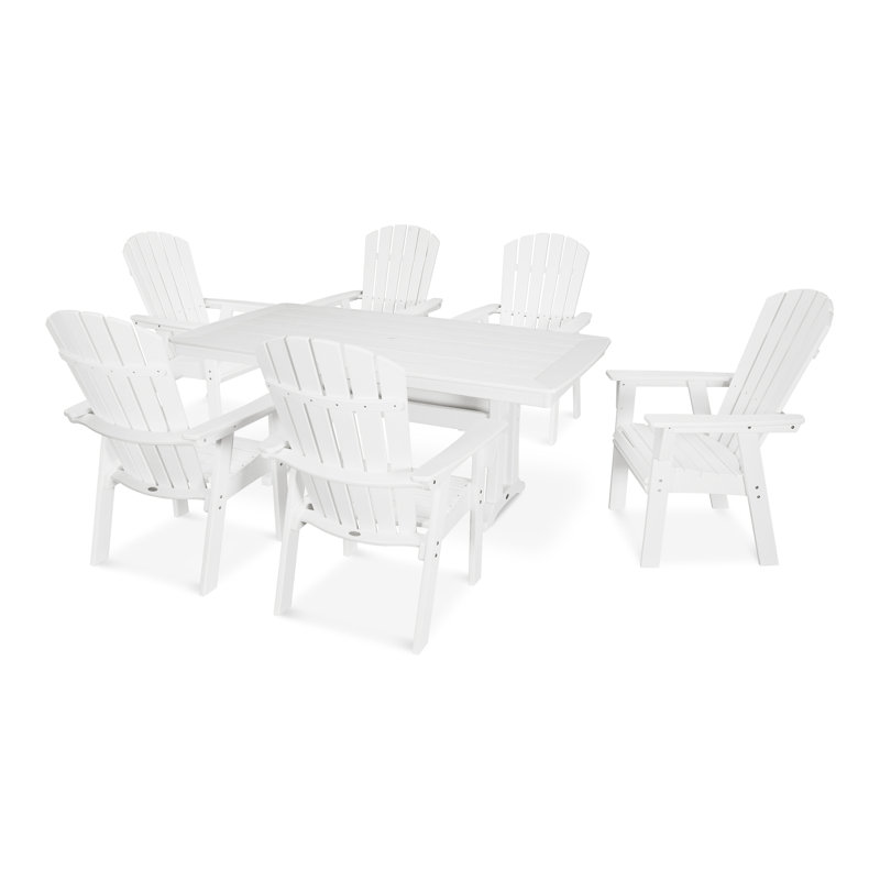 POLYWOOD Nautical Adirondack 9-Piece Trestle Dining Set, White, 9 Pieces: Table, 8 Chairs