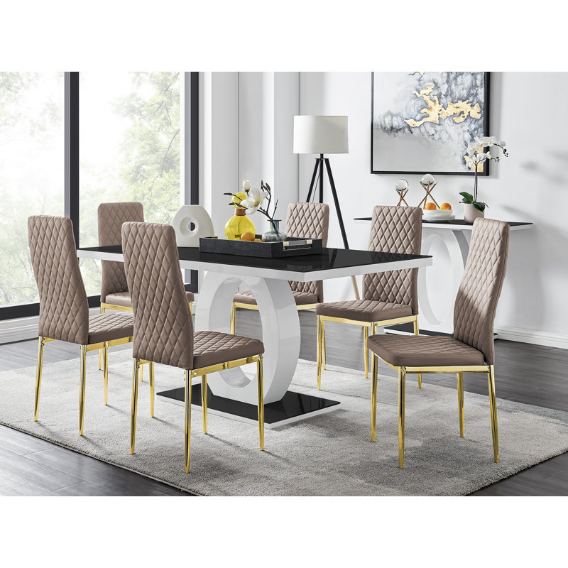 Scottsmoor Modern High Gloss Halo 6 Seater Dining Table Set with Luxury Faux Leather Dining Chairs, Cappuccino
